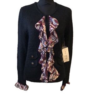 LEA & NICOLE BOUCLE KNIT CARDIGAN WITH SILK FLORAL RUFFLES SIZE M NEW WITH TAGS